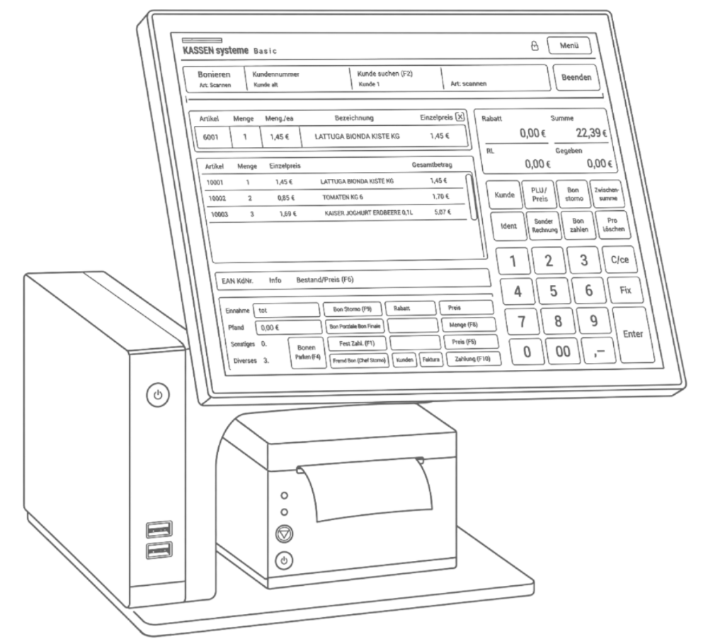 Kassenterminal mit Touchscreen, Bondrucker und Kassenoberfläche